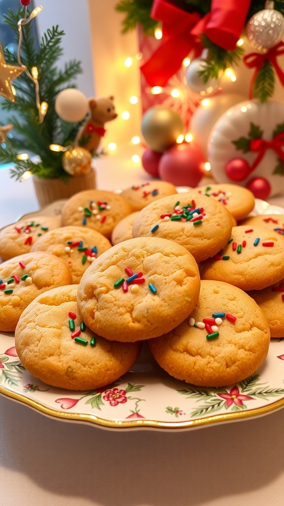Festive Christmas Cookie Baking Recipe A plate of decorated Christmas cookies with colorful sprinkles, surrounded by holiday decorations.